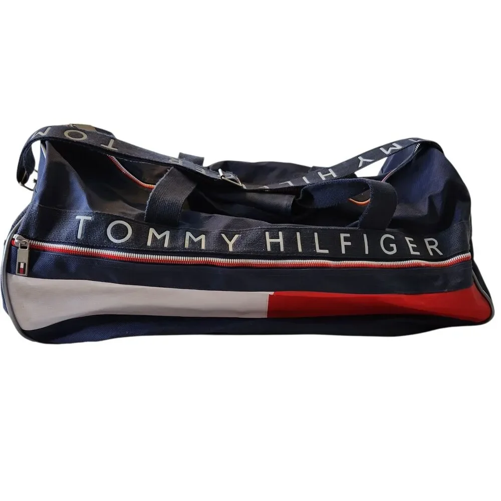Vintage Tommy Hilfiger Duffle Bag Spellout Color Block 24” Weekender Gym w/Strap